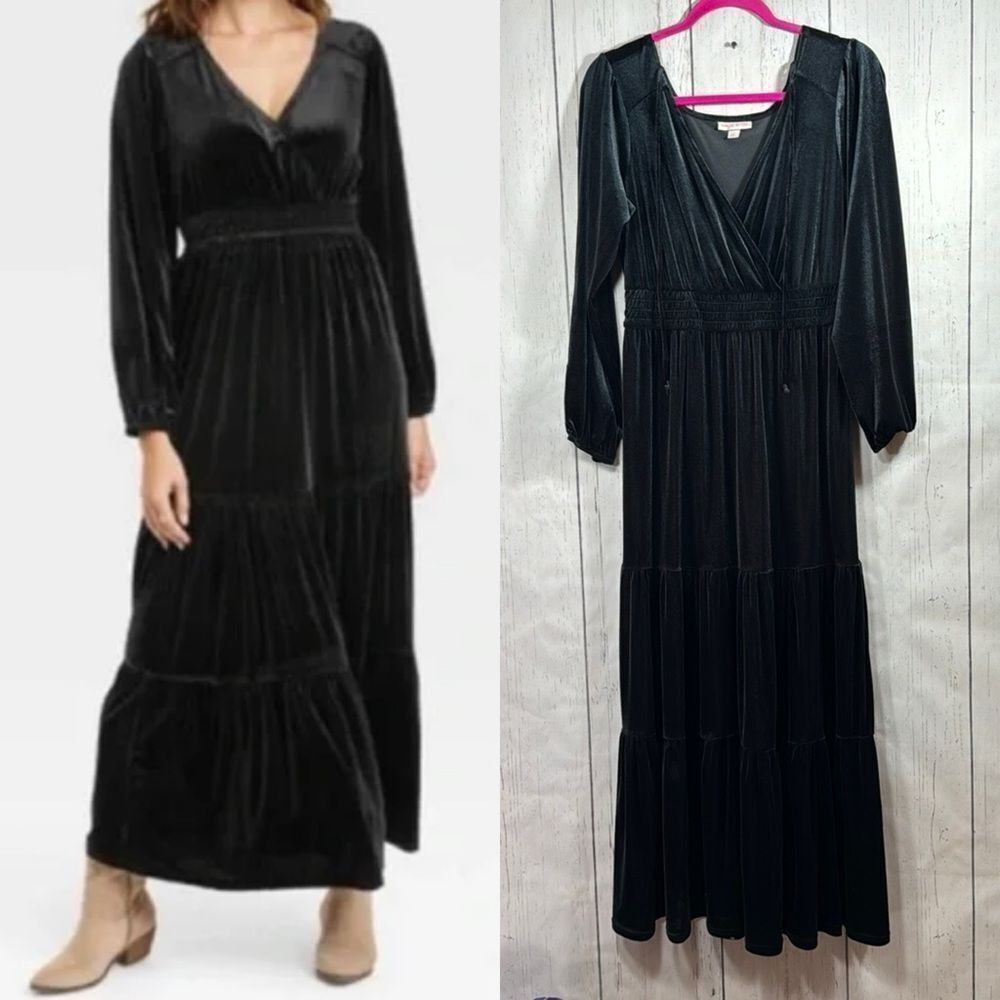Knox Rose Black Velvet Long Sleeve Maxi Dress Size M Boho Whimsigoth Holiday
